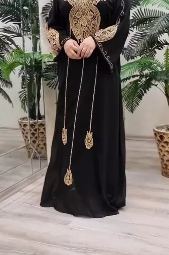 BLACK ZARI STONE WORK GEORGETTE ISLAMIC STYLE BEADS EMBEDDED PARTYWEAR KAFTAN LONG GOWN EVENING WEAR DUBAI KAFTAN