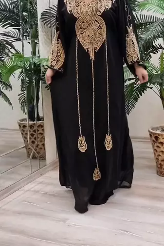 BLACK ZARI STONE WORK GEORGETTE ISLAMIC STYLE BEADS EMBEDDED PARTYWEAR KAFTAN LONG GOWN EVENING WEAR DUBAI KAFTAN