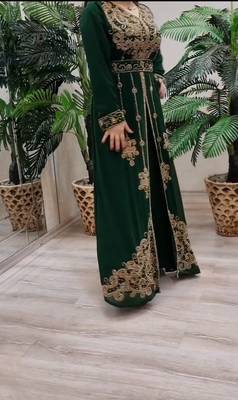 GREEN ZARI STONE WORK GEORGETTE ISLAMIC STYLE BEADS EMBEDDED PARTYWEAR KAFTAN LONG GOWN EVENING WEAR DUBAI KAFTAN 2