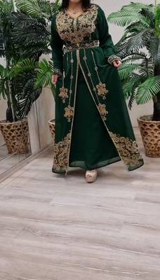 GREEN ZARI STONE WORK GEORGETTE ISLAMIC STYLE BEADS EMBEDDED PARTYWEAR KAFTAN LONG GOWN EVENING WEAR DUBAI KAFTAN 3
