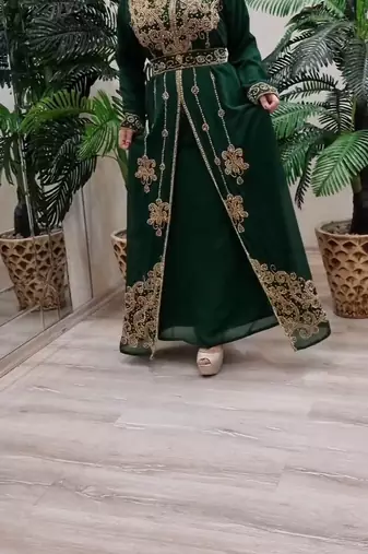 GREEN ZARI STONE WORK GEORGETTE ISLAMIC STYLE BEADS EMBEDDED PARTYWEAR KAFTAN LONG GOWN EVENING WEAR DUBAI KAFTAN