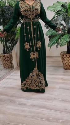 GREEN ZARI STONE WORK GEORGETTE ISLAMIC STYLE BEADS EMBEDDED PARTYWEAR KAFTAN LONG GOWN EVENING WEAR DUBAI KAFTAN 4