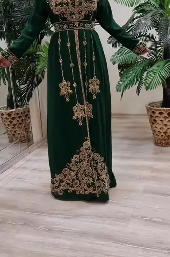 GREEN ZARI STONE WORK GEORGETTE ISLAMIC STYLE BEADS EMBEDDED PARTYWEAR KAFTAN LONG GOWN EVENING WEAR DUBAI KAFTAN