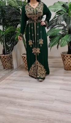GREEN ZARI STONE WORK GEORGETTE ISLAMIC STYLE BEADS EMBEDDED PARTYWEAR KAFTAN LONG GOWN EVENING WEAR DUBAI KAFTAN 5
