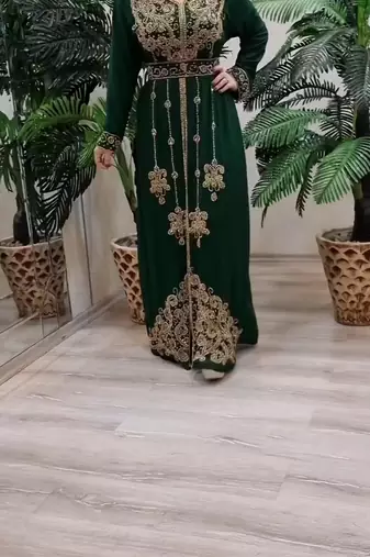 GREEN ZARI STONE WORK GEORGETTE ISLAMIC STYLE BEADS EMBEDDED PARTYWEAR KAFTAN LONG GOWN EVENING WEAR DUBAI KAFTAN