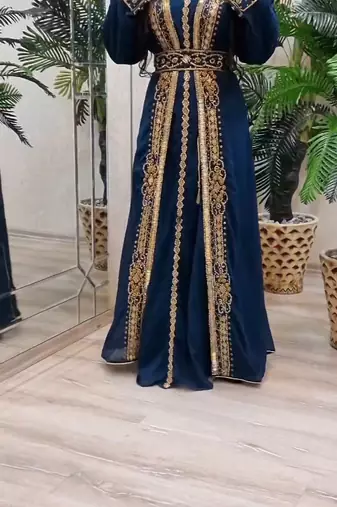 nave blue Zari Stone Work Georgette Islamic Style Beads Embedded Partywear Kaftan Long Gown Evening wear Dubai kaftan