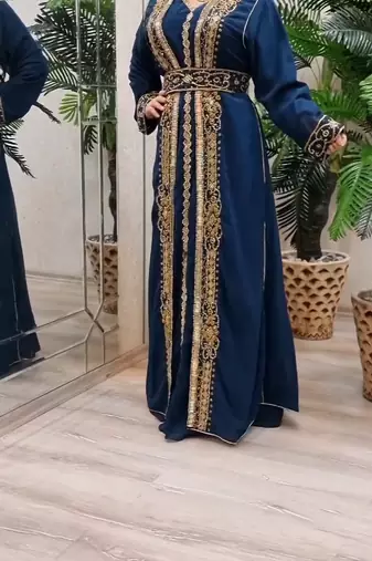 nave blue Zari Stone Work Georgette Islamic Style Beads Embedded Partywear Kaftan Long Gown Evening wear Dubai kaftan