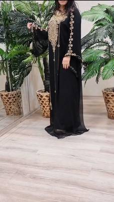 Black Georgette Kaftan Dress with Gold Handwork Embroidery 1