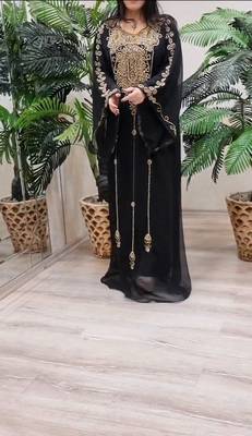 Black Georgette Kaftan Dress with Gold Handwork Embroidery 2