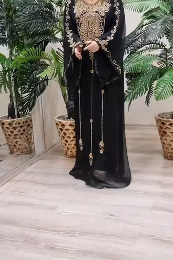 Black Georgette Kaftan Dress with Gold Handwork Embroidery