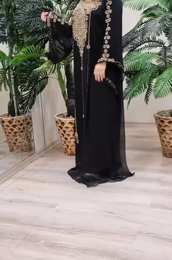Black Georgette Kaftan Dress with Gold Handwork Embroidery