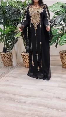 Black Georgette Kaftan Dress with Gold Handwork Embroidery 4