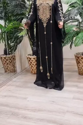 Black Georgette Kaftan Dress with Gold Handwork Embroidery