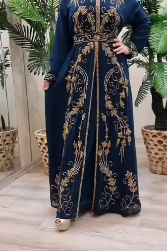 nave blue Zari Stone Work Georgette Islamic Style Beads Embedded Partywear Kaftan Long Gown Evening wear Dubai kaftan