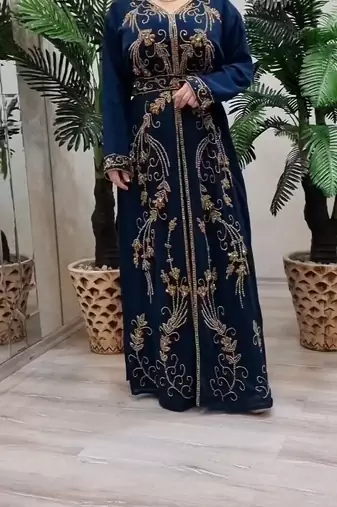 nave blue Zari Stone Work Georgette Islamic Style Beads Embedded Partywear Kaftan Long Gown Evening wear Dubai kaftan