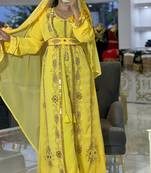 yellow Zari Stone Work Georgette Islamic Style Beads Embedded Partywear Kaftan Long Gown Evening wear Dubai kaftan