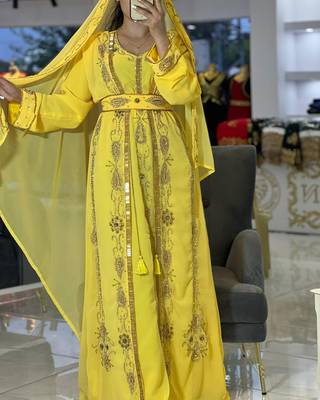 yellow Zari Stone Work Georgette Islamic Style Beads Embedded Partywear Kaftan Long Gown Evening wear Dubai kaftan 3