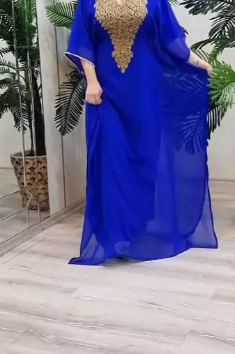 blue Zari Stone Work Georgette Islamic Style Beads Embedded Partywear Kaftan Long Gown Evening wear Dubai kaftan