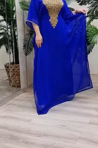 blue Zari Stone Work Georgette Islamic Style Beads Embedded Partywear Kaftan Long Gown Evening wear Dubai kaftan