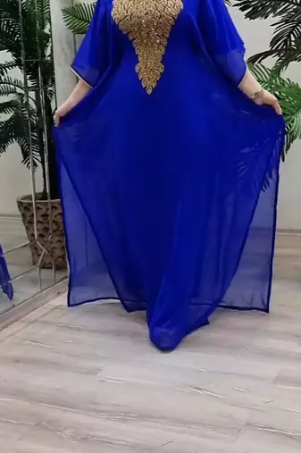 blue Zari Stone Work Georgette Islamic Style Beads Embedded Partywear Kaftan Long Gown Evening wear Dubai kaftan