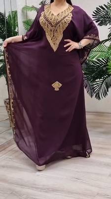 wine Zari Stone Work Georgette Islamic Style Beads Embedded Partywear Kaftan Long Gown Evening wear Dubai kaftan 3
