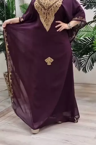wine Zari Stone Work Georgette Islamic Style Beads Embedded Partywear Kaftan Long Gown Evening wear Dubai kaftan