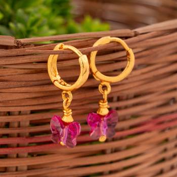 Golden earrings with SWAROVSKI Fuchsia butterfly 8 mm one gram gold 2