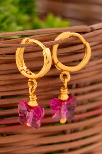 Golden earrings with SWAROVSKI Fuchsia butterfly 8 mm one gram gold