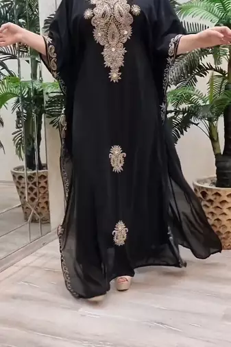 black Zari Stone Work Georgette Islamic Style Beads Embedded Partywear Kaftan Long Gown Evening wear Dubai kaftan