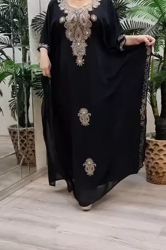 black Zari Stone Work Georgette Islamic Style Beads Embedded Partywear Kaftan Long Gown Evening wear Dubai kaftan