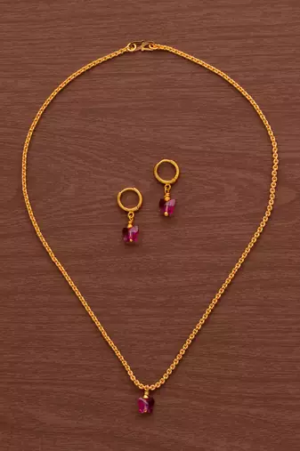 Gold SHORT chain and earrings set with Swarovski Fuchsia butterfly one gram gold