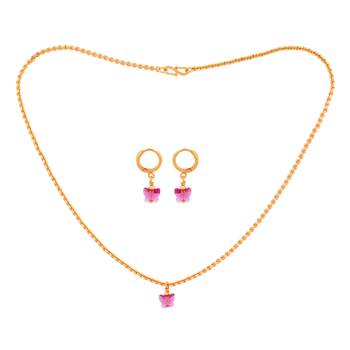 Gold SHORT chain and earrings set with Swarovski Fuchsia butterfly one gram gold 3