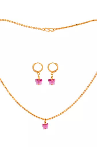 Gold SHORT chain and earrings set with Swarovski Fuchsia butterfly one gram gold