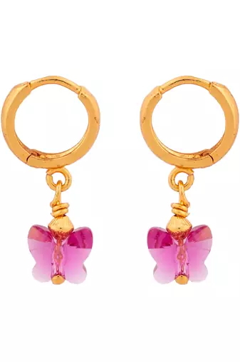 Gold SHORT chain and earrings set with Swarovski Fuchsia butterfly one gram gold