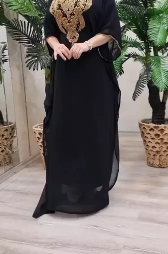 black Zari Stone Work Georgette Islamic Style Beads Embedded Partywear Kaftan Long Gown Evening wear Dubai kaftan