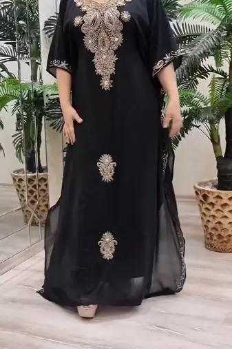 black Zari Stone Work Georgette Islamic Style Beads Embedded Partywear Kaftan Long Gown Evening wear Dubai kaftan