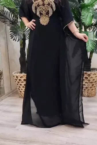 black Zari Stone Work Georgette Islamic Style Beads Embedded Partywear Kaftan Long Gown Evening wear Dubai kaftan
