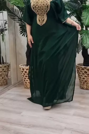 Green Zari Stone Work Georgette Islamic Style Beads Embedded Partywear Kaftan Long Gown Evening wear Dubai kaftan