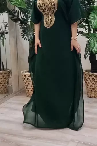 Green Zari Stone Work Georgette Islamic Style Beads Embedded Partywear Kaftan Long Gown Evening wear Dubai kaftan