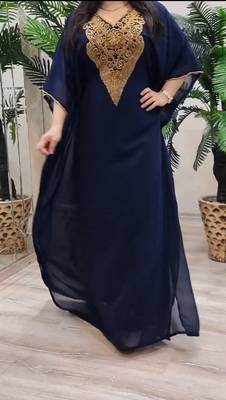 Navy Blue Zari Stone Work Georgette Islamic Style Beads Embedded Partywear Kaftan Long Gown Evening wear Dubai kaftan 2