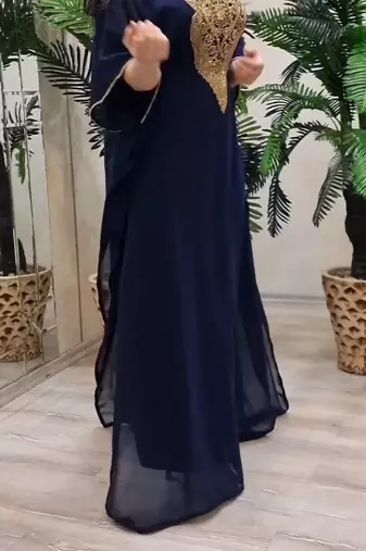 Navy Blue Zari Stone Work Georgette Islamic Style Beads Embedded Partywear Kaftan Long Gown Evening wear Dubai kaftan