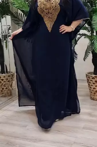 Navy Blue Zari Stone Work Georgette Islamic Style Beads Embedded Partywear Kaftan Long Gown Evening wear Dubai kaftan
