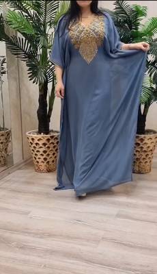 Grey Zari Stone Work Georgette Islamic Style Beads Embedded Partywear Kaftan Long Gown Evening wear Dubai kaftan 2