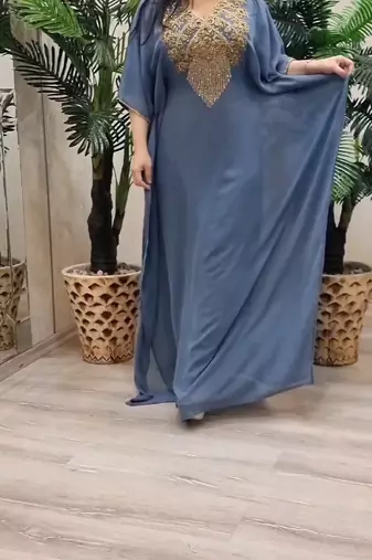 Grey Zari Stone Work Georgette Islamic Style Beads Embedded Partywear Kaftan Long Gown Evening wear Dubai kaftan