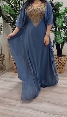Grey Zari Stone Work Georgette Islamic Style Beads Embedded Partywear Kaftan Long Gown Evening wear Dubai kaftan 3