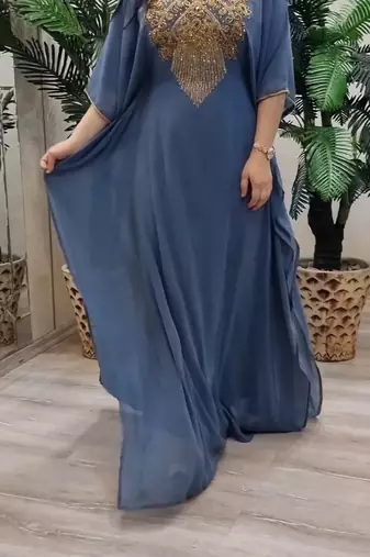 Grey Zari Stone Work Georgette Islamic Style Beads Embedded Partywear Kaftan Long Gown Evening wear Dubai kaftan
