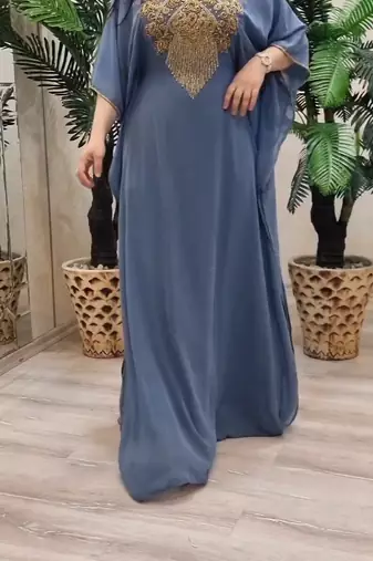 Grey Zari Stone Work Georgette Islamic Style Beads Embedded Partywear Kaftan Long Gown Evening wear Dubai kaftan
