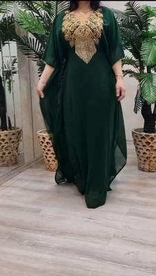 Green Zari Stone Work Georgette Islamic Style Beads Embedded Partywear Kaftan Long Gown Evening wear Dubai kaftan 2