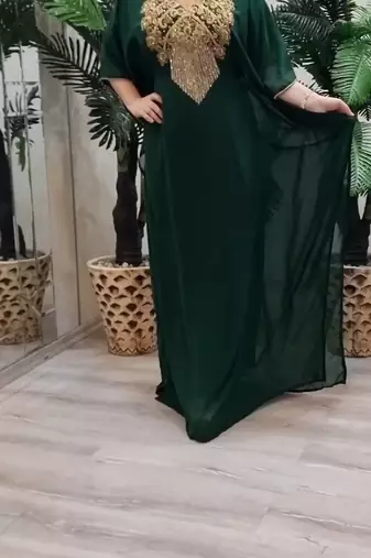 Green Zari Stone Work Georgette Islamic Style Beads Embedded Partywear Kaftan Long Gown Evening wear Dubai kaftan