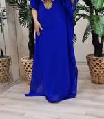 Blue Zari Stone Work Georgette Islamic Style Beads Embedded Partywear Kaftan Long Gown Evening wear Dubai kaftan